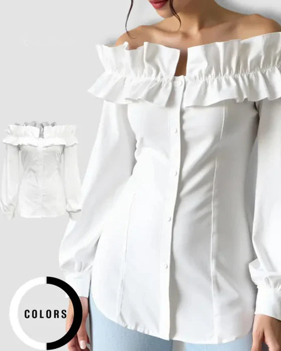 👩Autumn simple solid color one shoulder ruffled shirt top for women👗