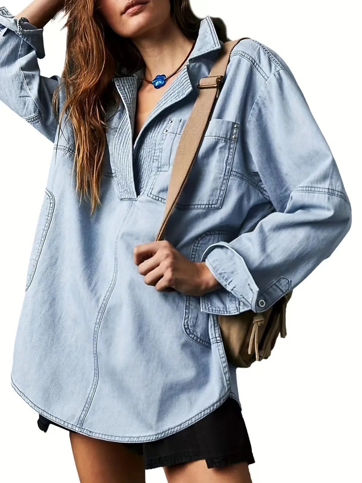๐ Chic & Comfy Denim Pullover โ Button V-Neck + Pockets for Everyday Style! ๐โจ