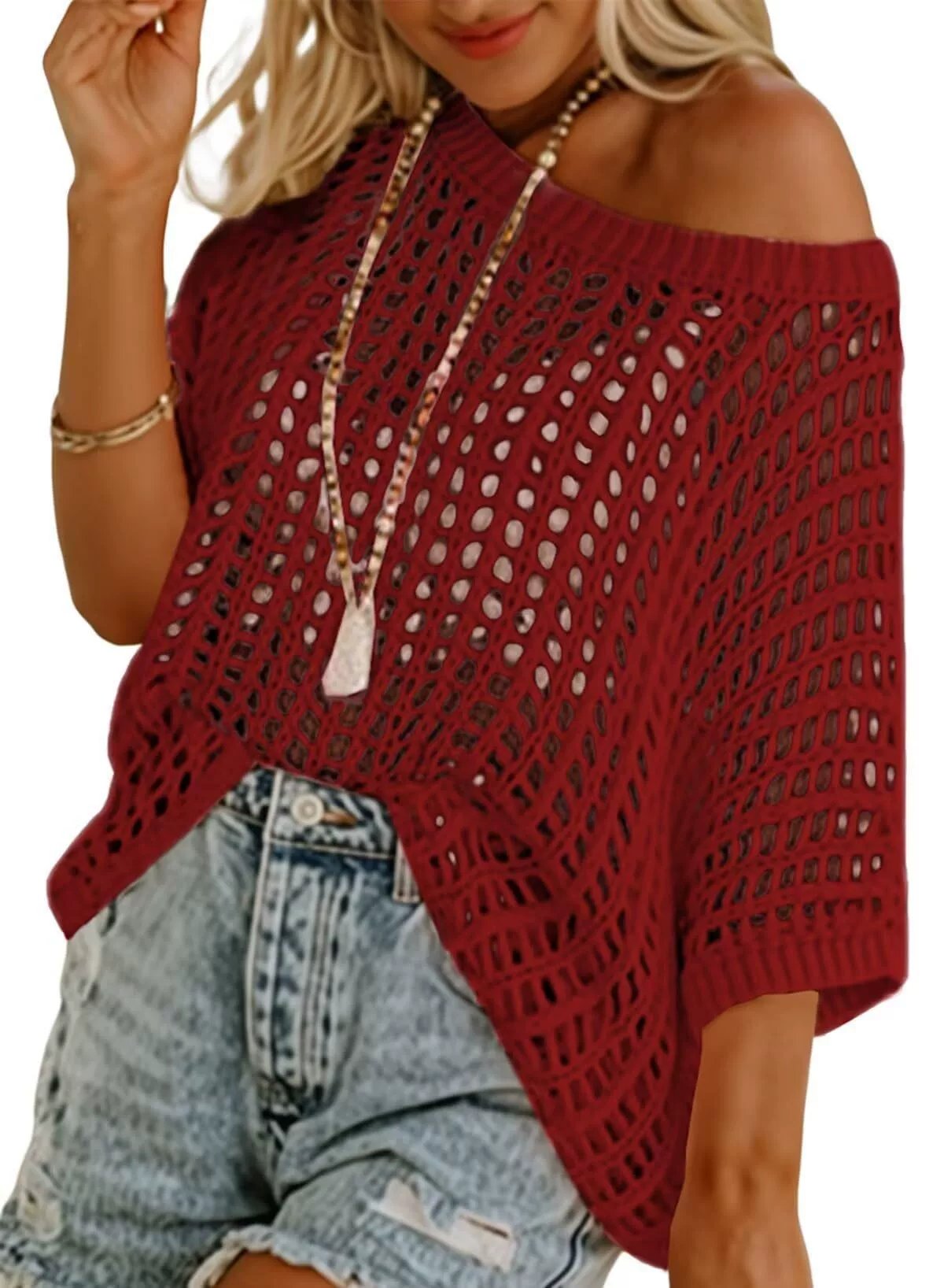 Last Day ๐ Womens Summer Scoop Neck ShortSleeve Sweater Casual Crochet Hollow Out KnitTops