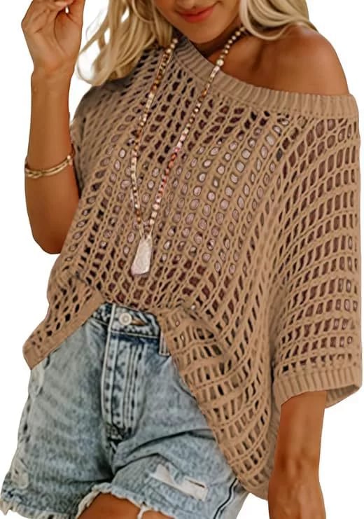 Last Day ๐ Womens Summer Scoop Neck ShortSleeve Sweater Casual Crochet Hollow Out KnitTops