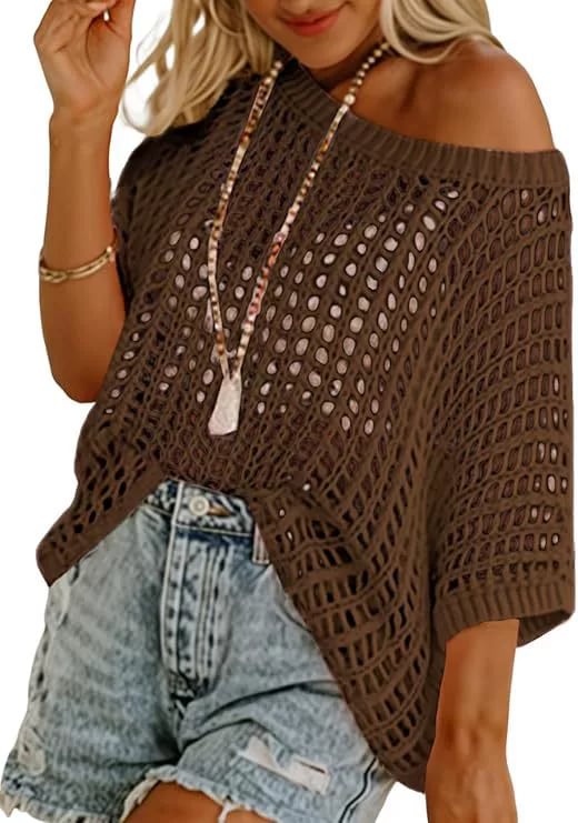 Last Day ๐ Womens Summer Scoop Neck ShortSleeve Sweater Casual Crochet Hollow Out KnitTops
