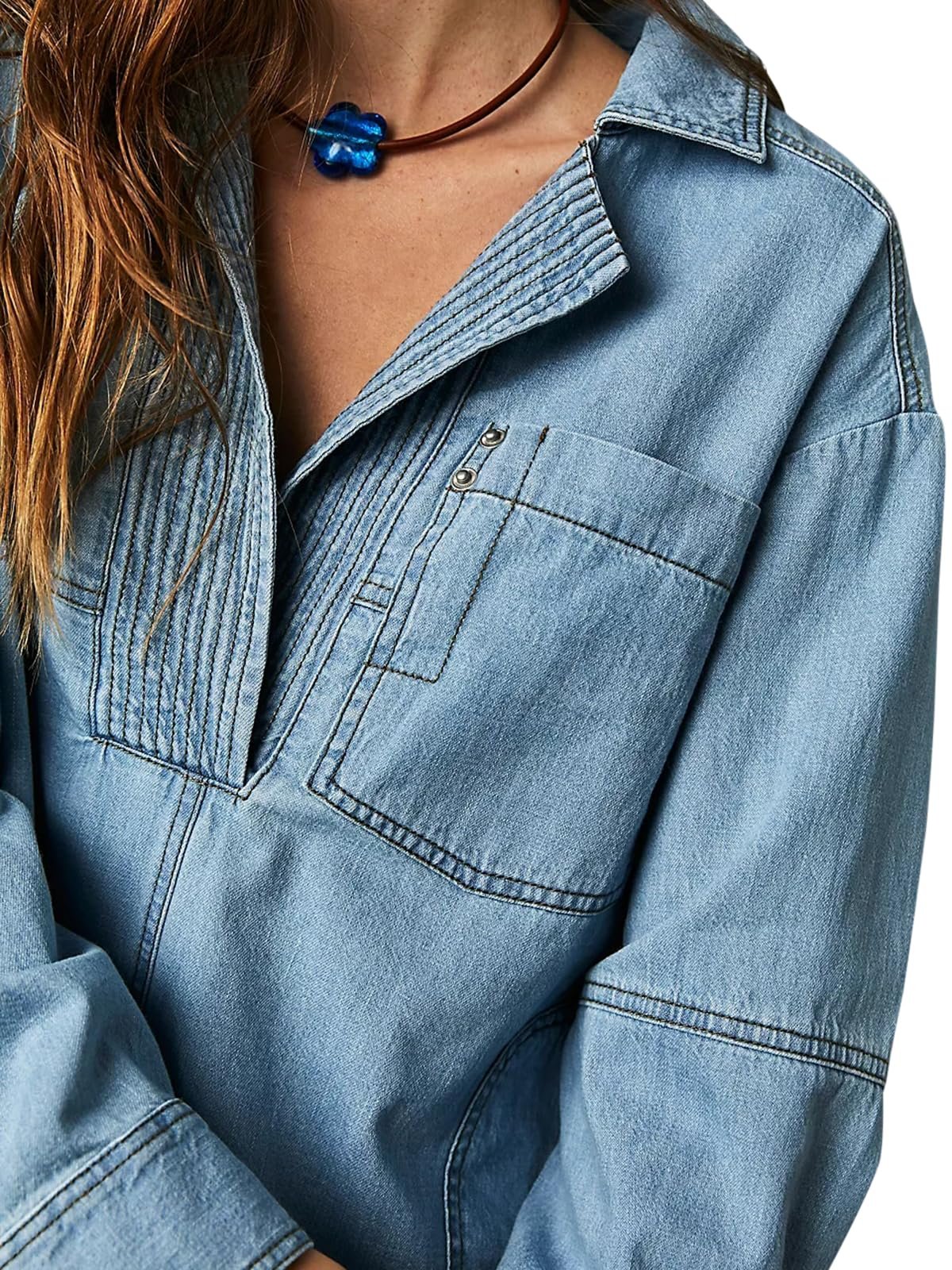 ๐ Chic & Comfy Denim Pullover โ Button V-Neck + Pockets for Everyday Style! ๐โจ