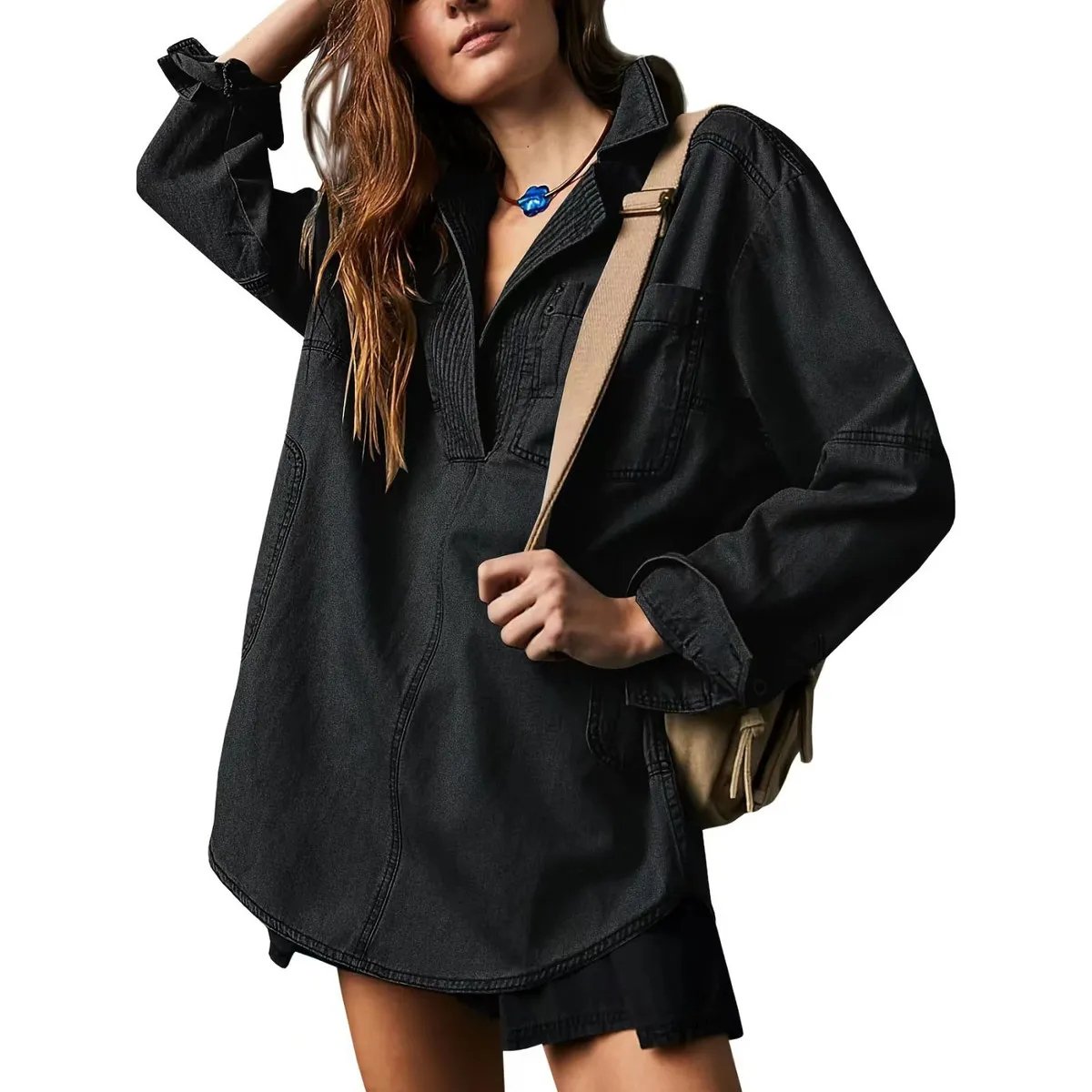 ๐ Chic & Comfy Denim Pullover โ Button V-Neck + Pockets for Everyday Style! ๐โจ