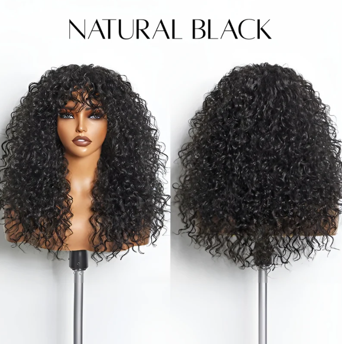 ✨ Wear & Go Curly Lace Front Wig with Bangs 💃 – Human Hair Blend, Natural Look 🌸
