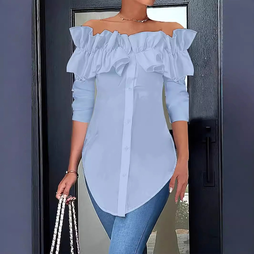 👩Autumn simple solid color one shoulder ruffled shirt top for women👗