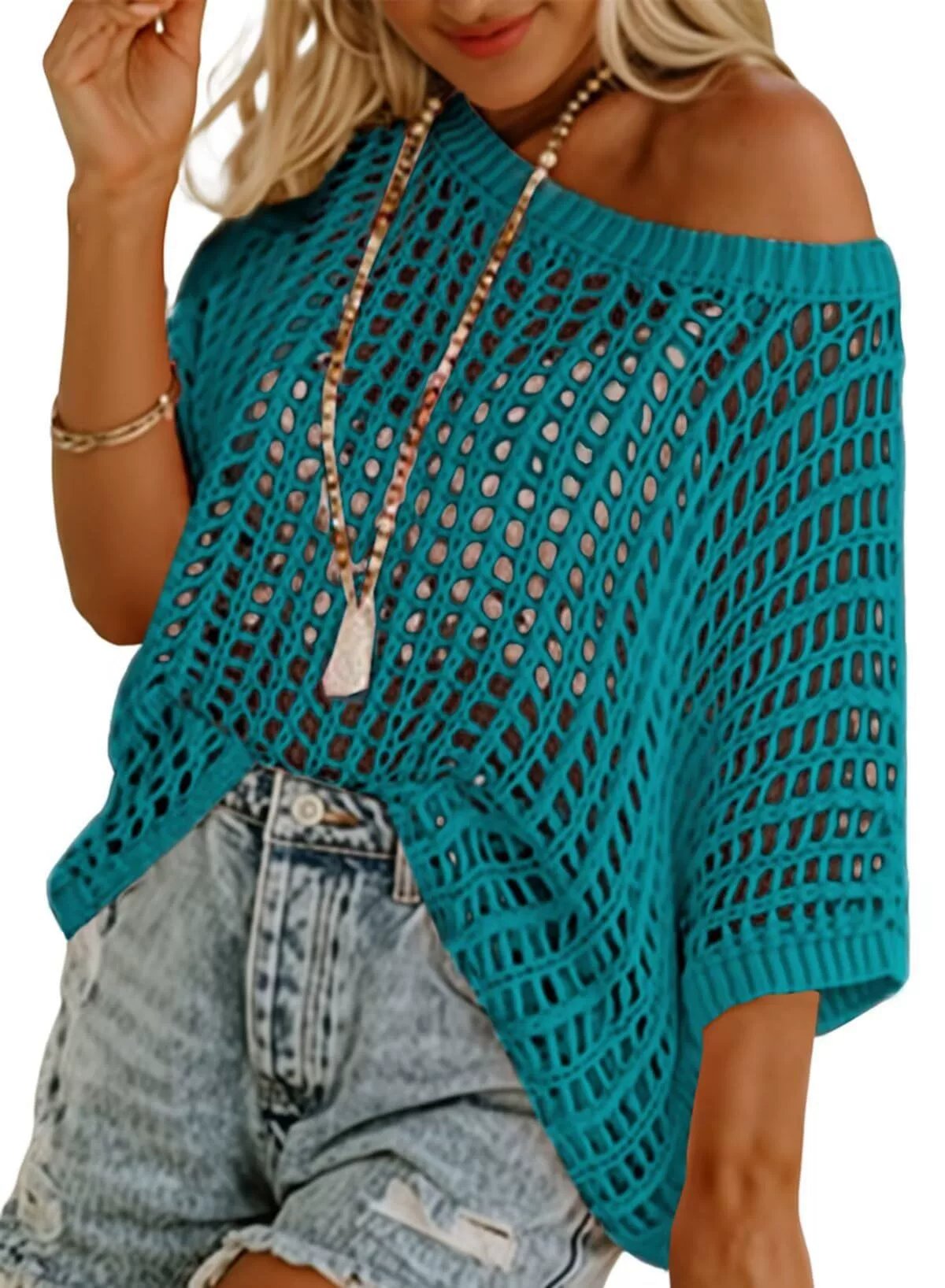 Last Day ๐ Womens Summer Scoop Neck ShortSleeve Sweater Casual Crochet Hollow Out KnitTops