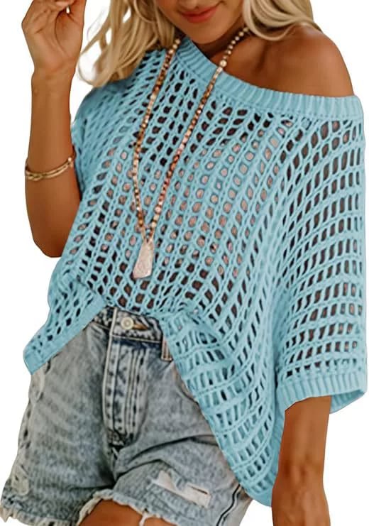 Last Day ๐ Womens Summer Scoop Neck ShortSleeve Sweater Casual Crochet Hollow Out KnitTops
