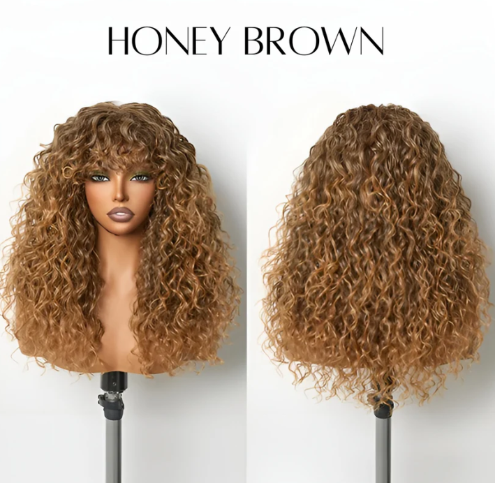 ✨ Wear & Go Curly Lace Front Wig with Bangs 💃 – Human Hair Blend, Natural Look 🌸
