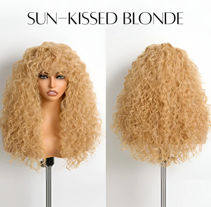 ✨ Wear & Go Curly Lace Front Wig with Bangs 💃 – Human Hair Blend, Natural Look 🌸
