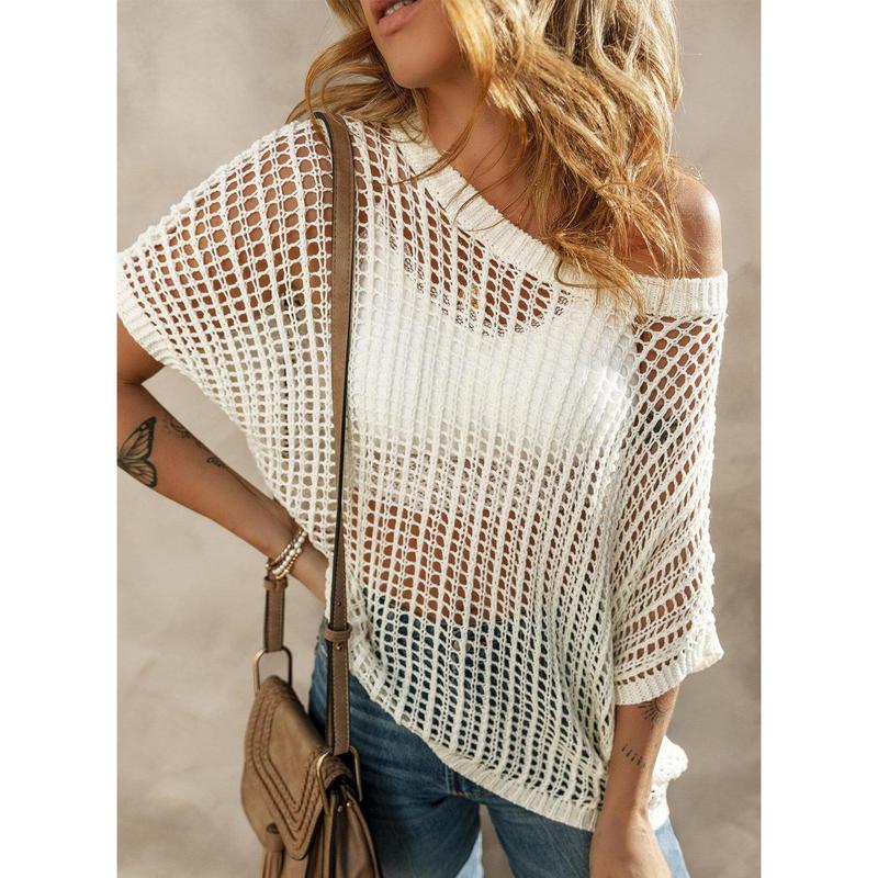 Last Day ๐ Womens Summer Scoop Neck ShortSleeve Sweater Casual Crochet Hollow Out KnitTops