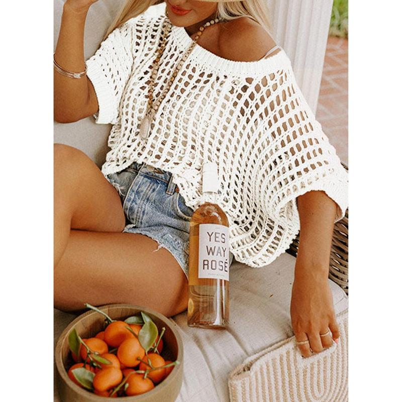 Last Day ๐ Womens Summer Scoop Neck ShortSleeve Sweater Casual Crochet Hollow Out KnitTops