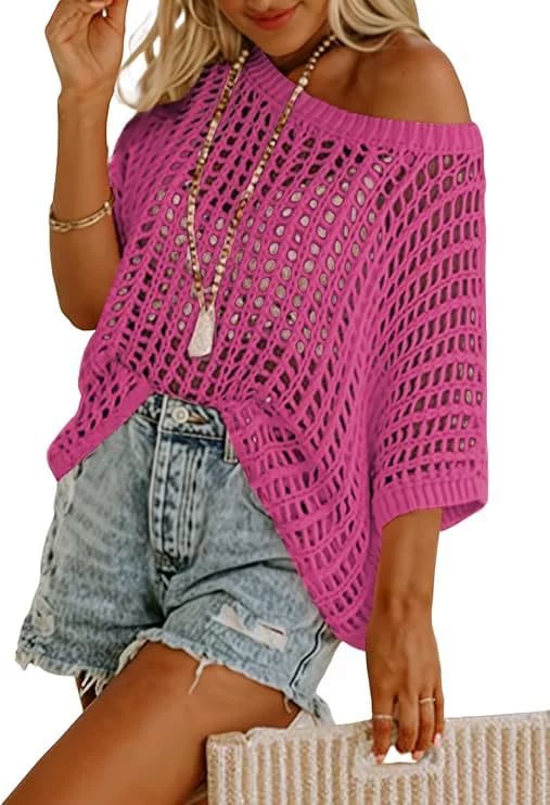 Last Day ๐ Womens Summer Scoop Neck ShortSleeve Sweater Casual Crochet Hollow Out KnitTops