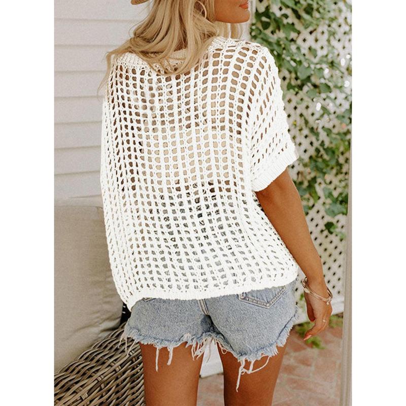 Last Day ๐ Womens Summer Scoop Neck ShortSleeve Sweater Casual Crochet Hollow Out KnitTops