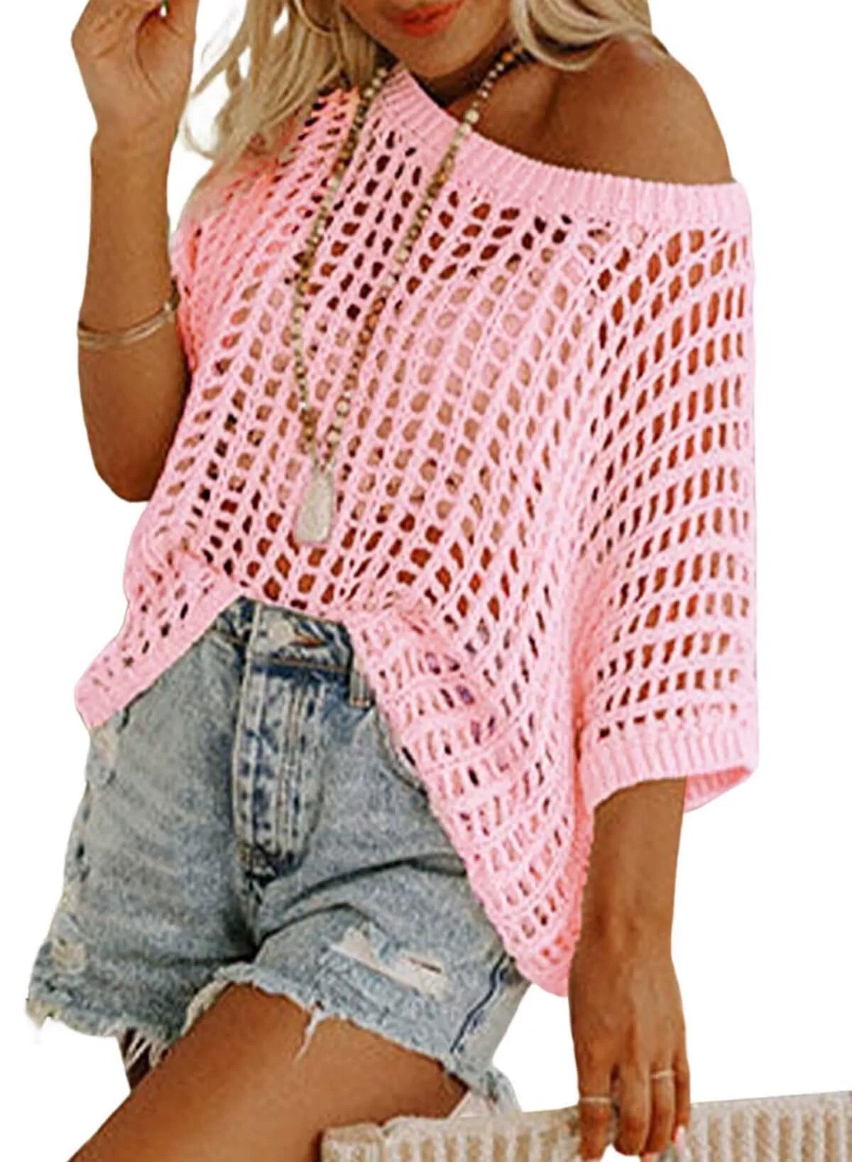Last Day ๐ Womens Summer Scoop Neck ShortSleeve Sweater Casual Crochet Hollow Out KnitTops