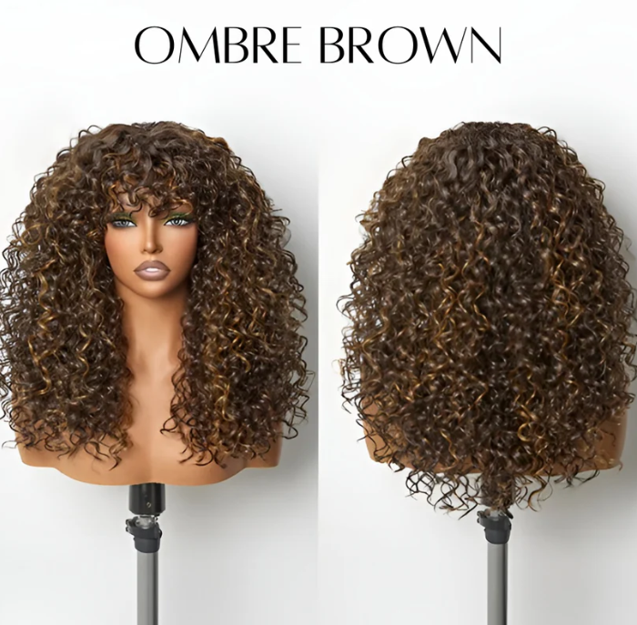 ✨ Wear & Go Curly Lace Front Wig with Bangs 💃 – Human Hair Blend, Natural Look 🌸