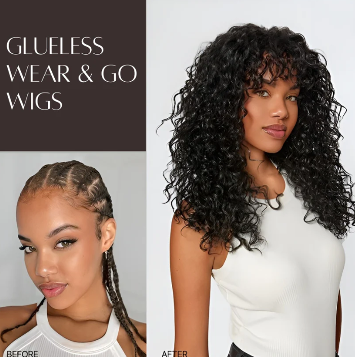 ✨ Wear & Go Curly Lace Front Wig with Bangs 💃 – Human Hair Blend, Natural Look 🌸