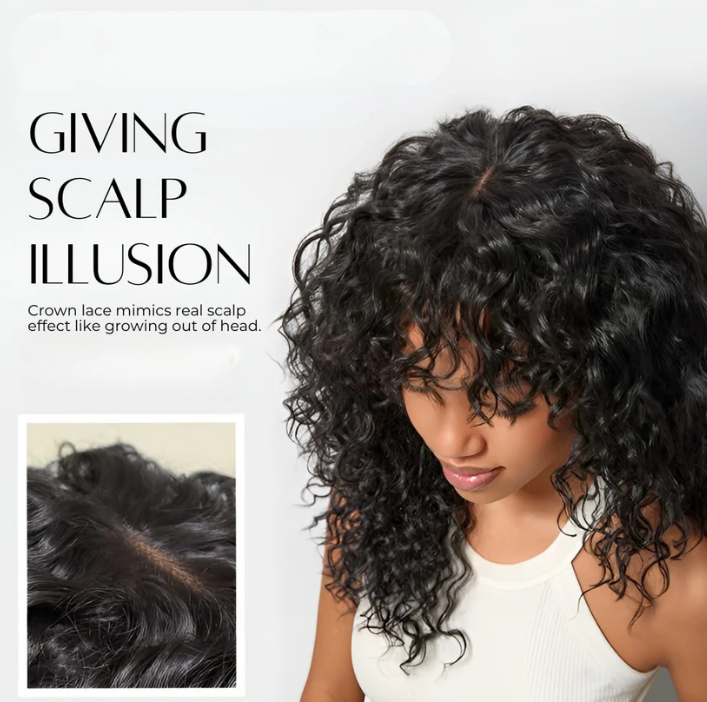 ✨ Wear & Go Curly Lace Front Wig with Bangs 💃 – Human Hair Blend, Natural Look 🌸