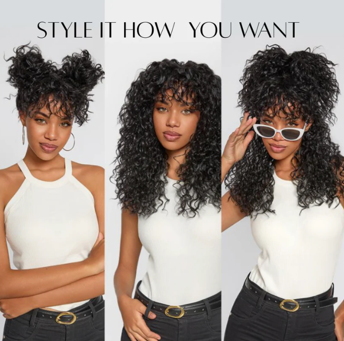 ✨ Wear & Go Curly Lace Front Wig with Bangs 💃 – Human Hair Blend, Natural Look 🌸