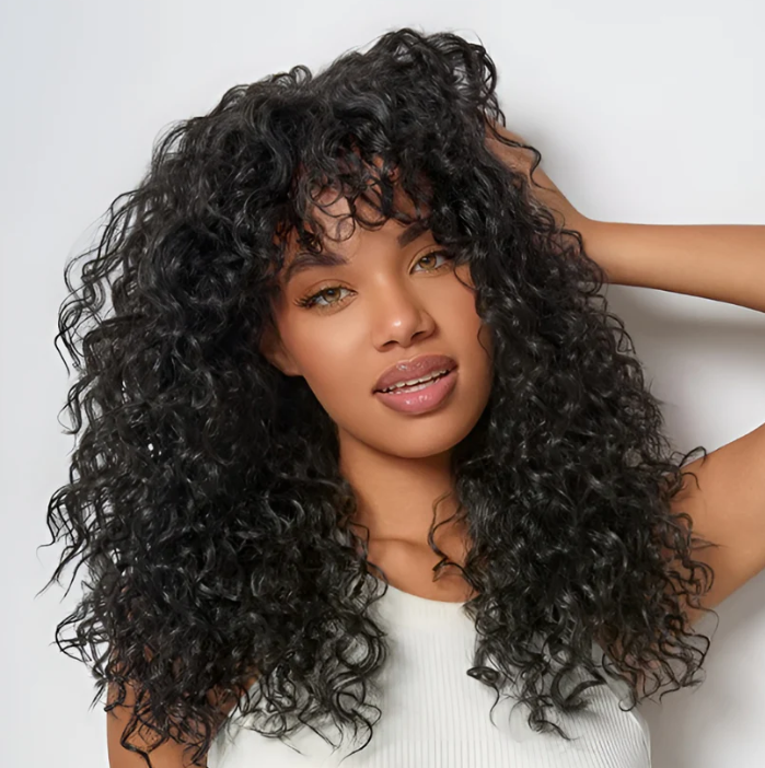 ✨ Wear & Go Curly Lace Front Wig with Bangs 💃 – Human Hair Blend, Natural Look 🌸