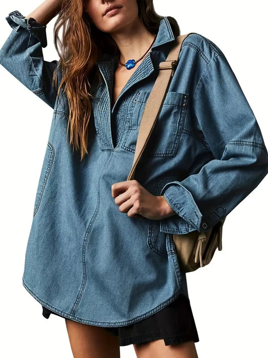 👖 Chic & Comfy Denim Pullover – Button V-Neck + Pockets for Everyday Style! 💙✨