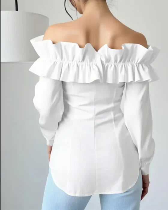 👩Autumn simple solid color one shoulder ruffled shirt top for women👗