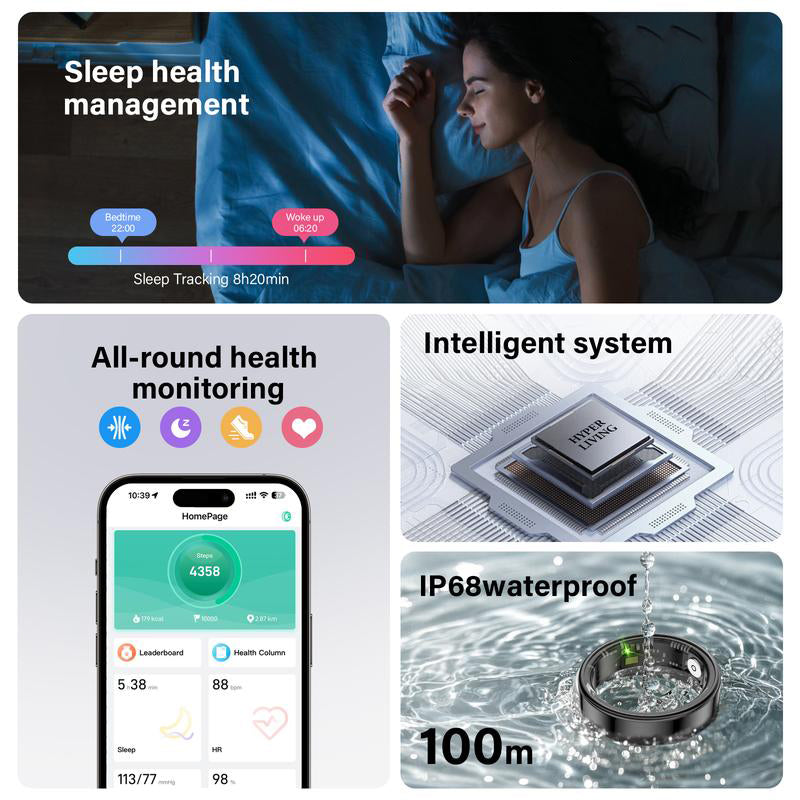 Smart Waterproof Bluetooth Ring for Men & Women – Gold, Fitness Tracker with Heart Rate, Blood Pressure, Sleep & Calorie Monitoring