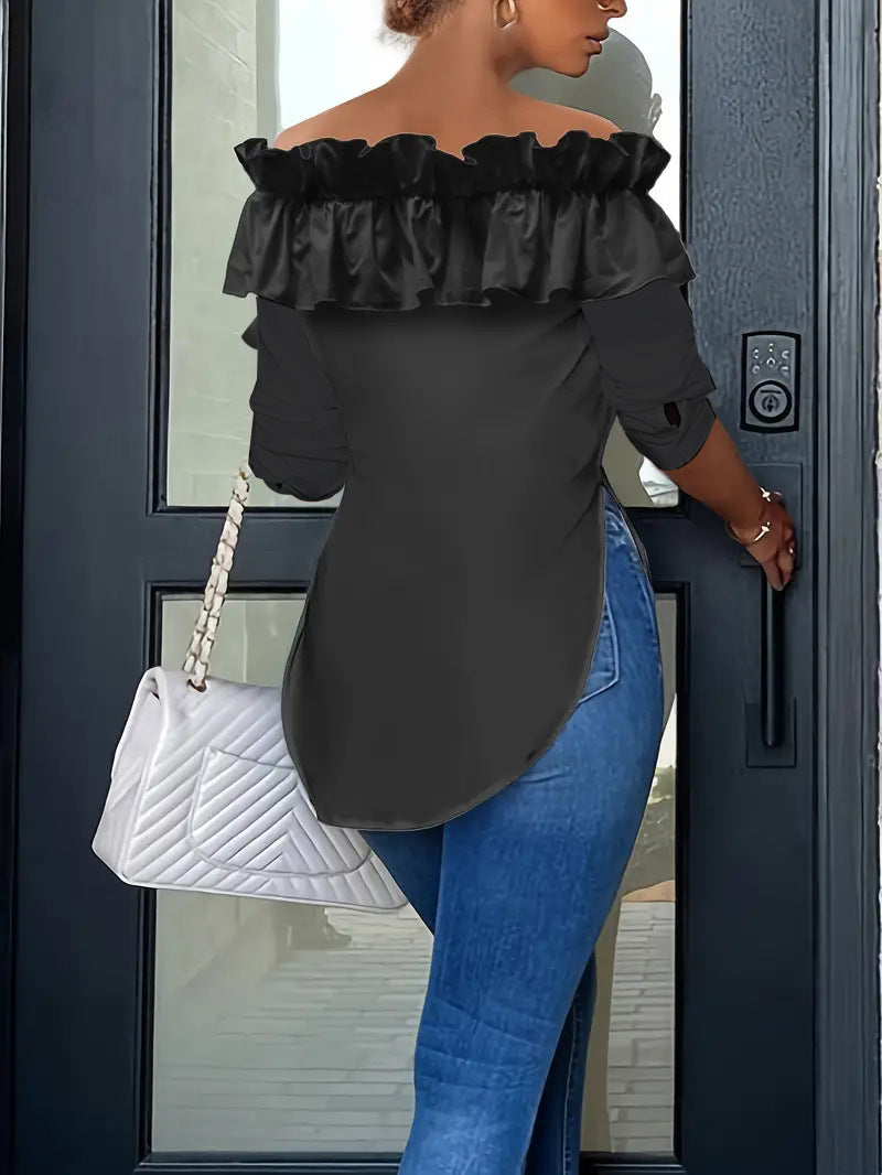 👩Autumn simple solid color one shoulder ruffled shirt top for women👗