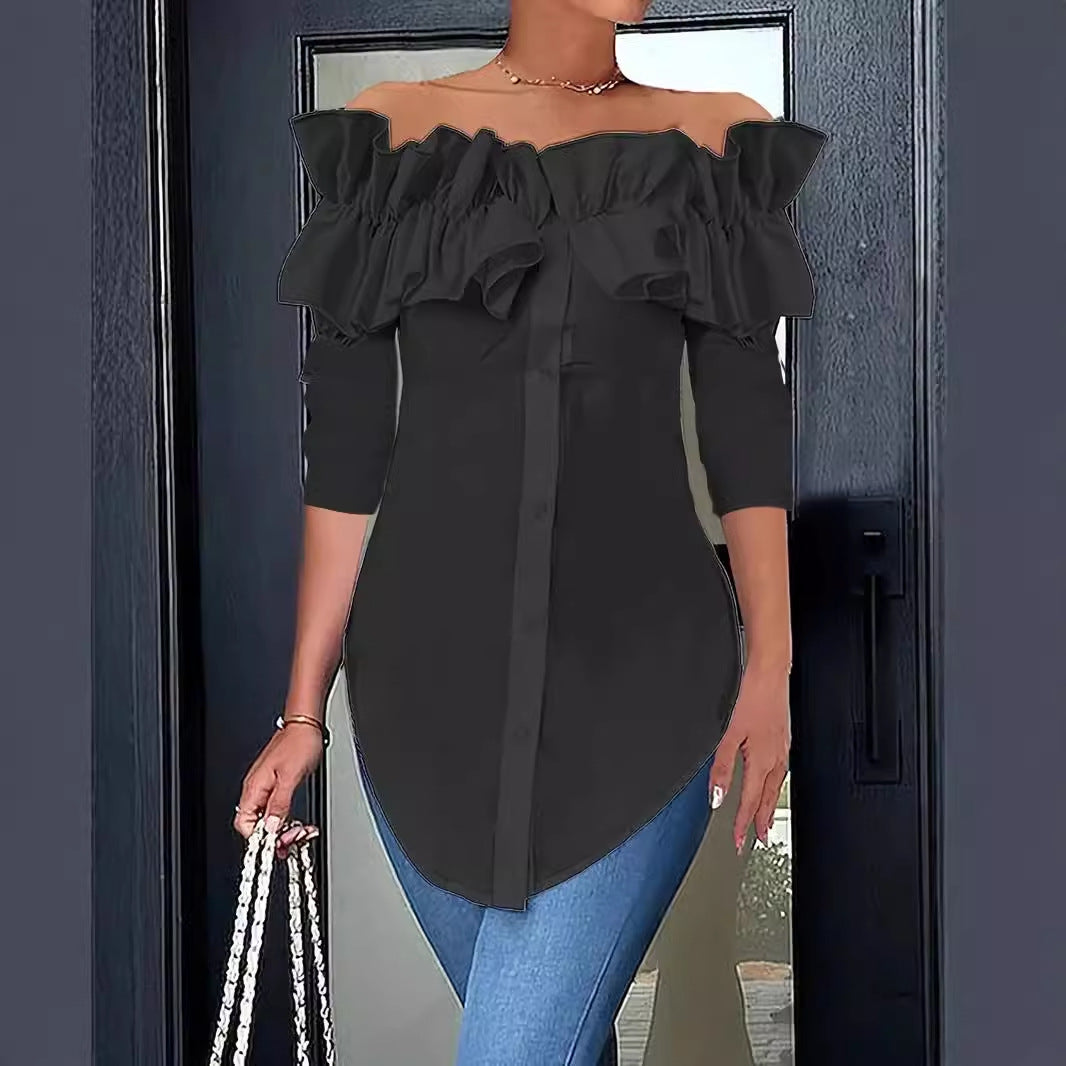 👩Autumn simple solid color one shoulder ruffled shirt top for women👗