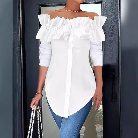 👩Autumn simple solid color one shoulder ruffled shirt top for women👗