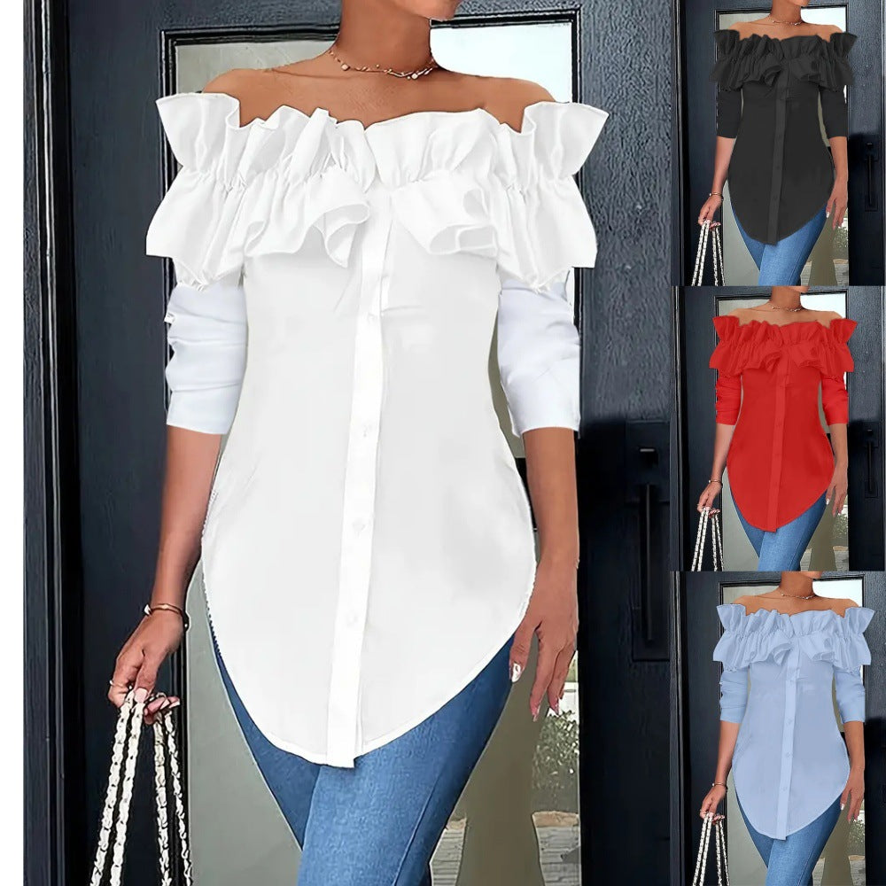 👩Autumn simple solid color one shoulder ruffled shirt top for women👗
