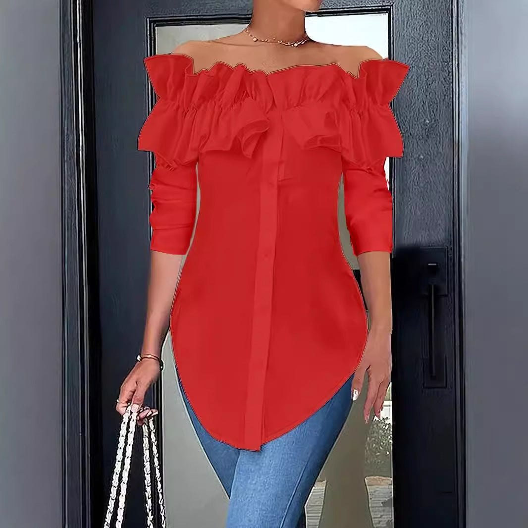 👩Autumn simple solid color one shoulder ruffled shirt top for women👗