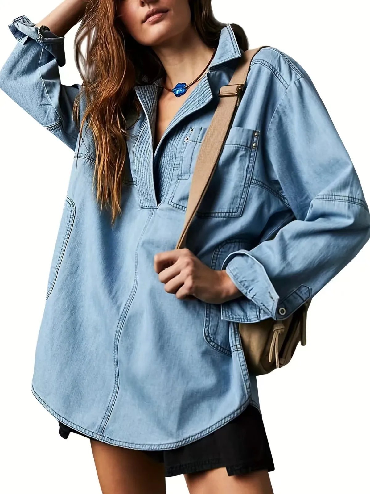 👖 Chic & Comfy Denim Pullover – Button V-Neck + Pockets for Everyday Style! 💙✨