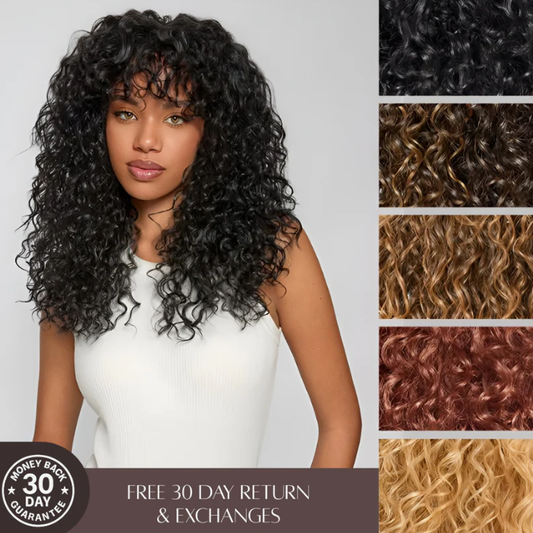 ✨ Wear & Go Curly Lace Front Wig with Bangs 💃 – Human Hair Blend, Natural Look 🌸